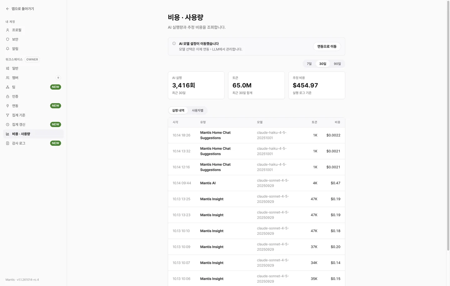 비용 · 사용량 화면입니다. 기간 세그먼트, AI 실행 · 토큰 · 추정 비용 통계, 실행 내역 표가 보입니다