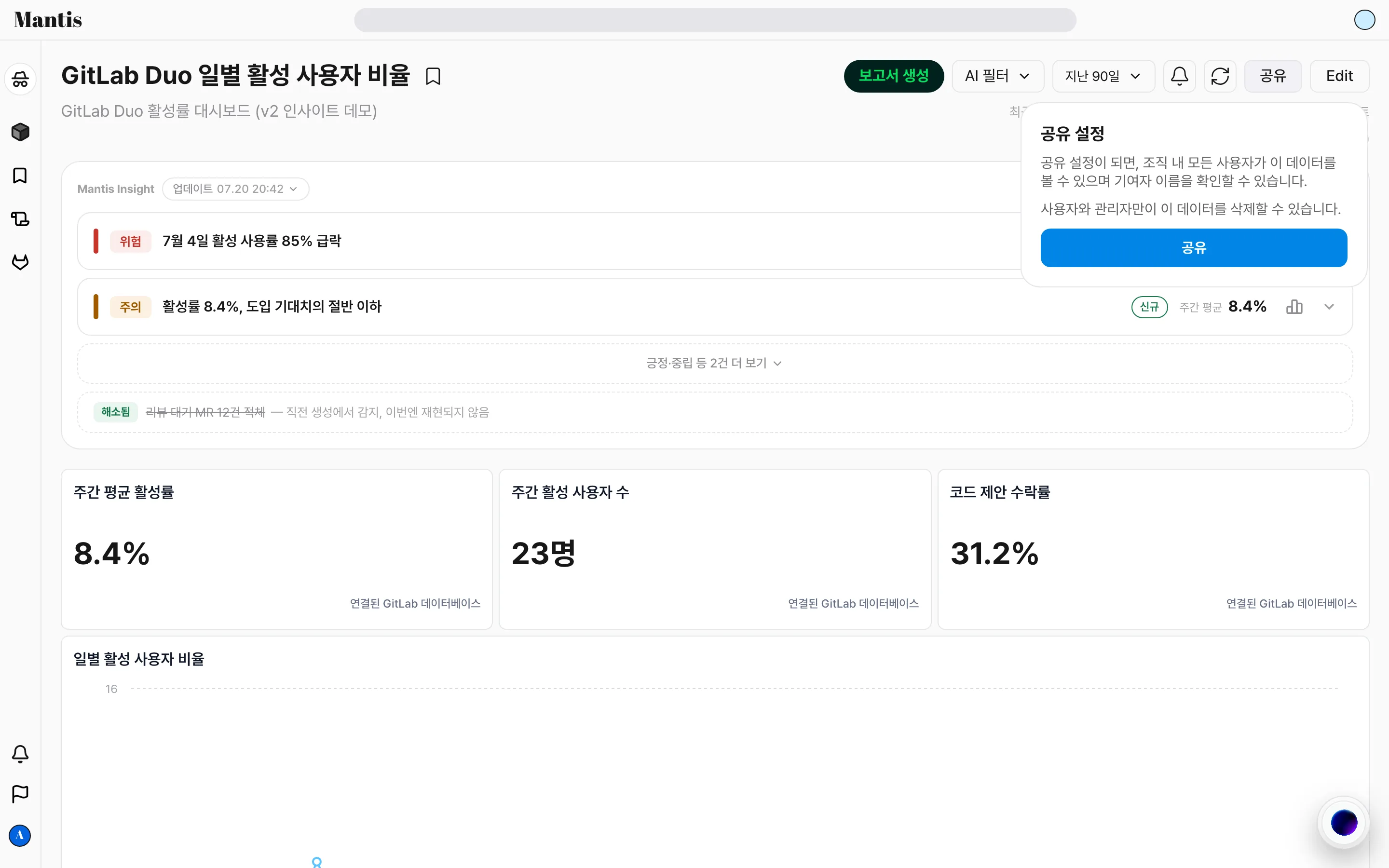 공유 설정 확인 팝오버에 공유 또는 공유 해제 시 동작 설명과 확인 버튼이 있는 상태
